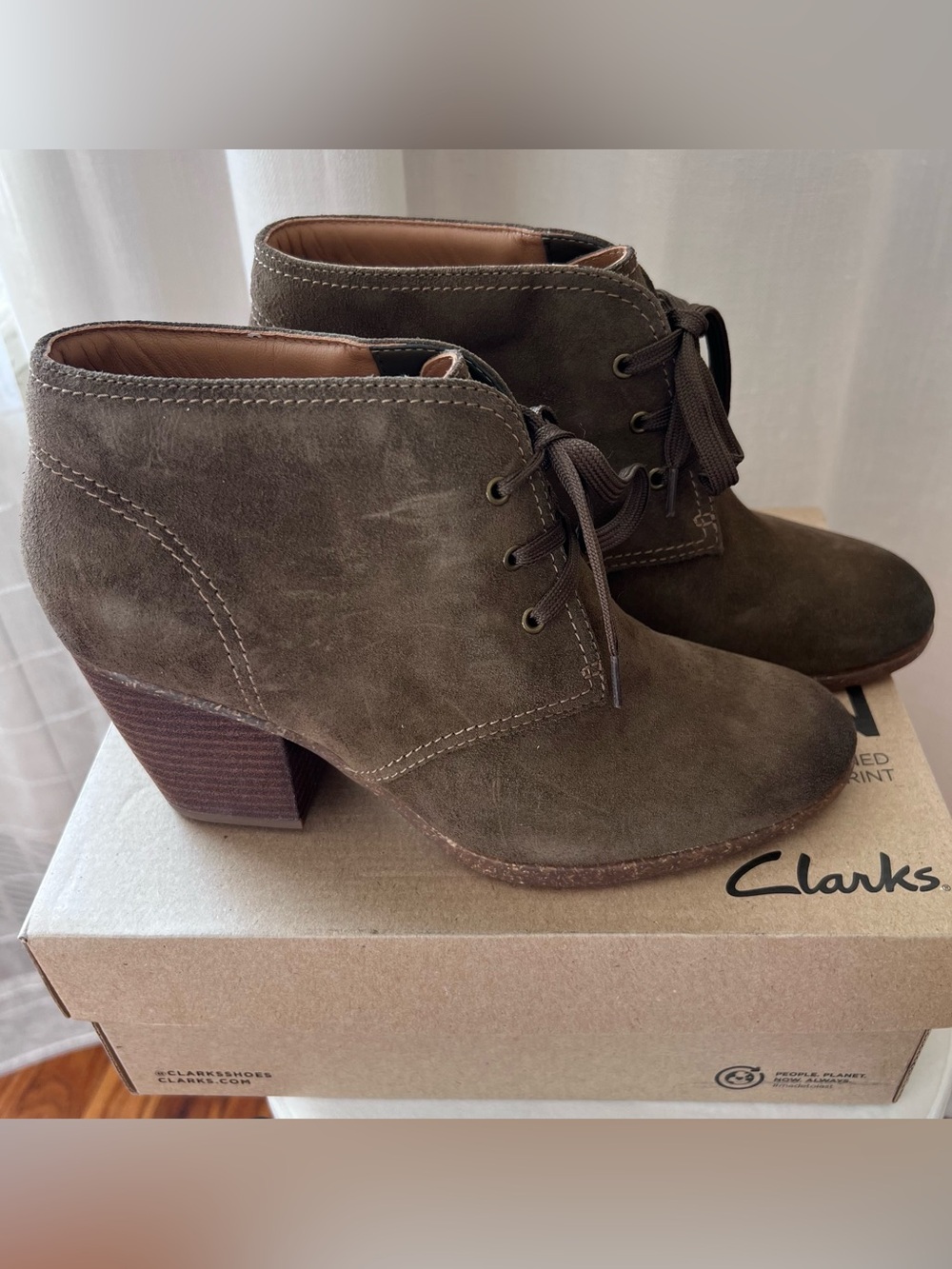 Clarks Bergen Lace Up Suede Booties Dark Olive Green